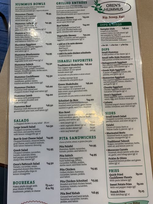 Menu at Oren's Hummus in San Francisco