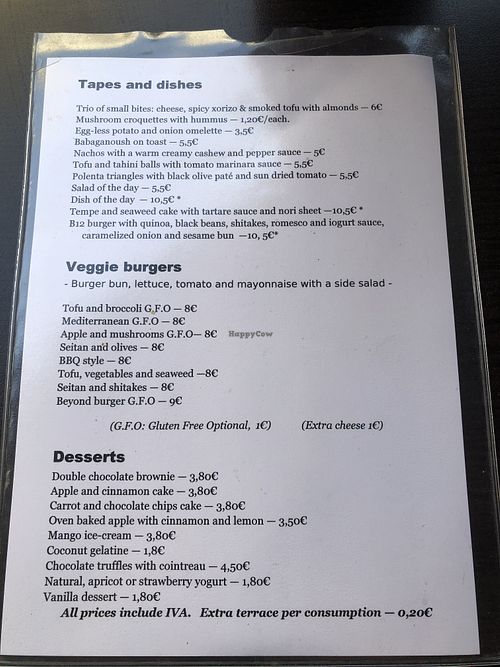 English menu at B12 in Girona