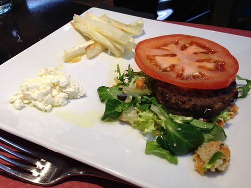 Think this was a homemade nut and bean burger with yucca fries.. Delicious!!  at B12 in Girona