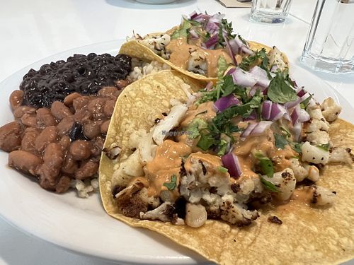 Cauliflower tacos / beans & rice #Veganuary at Slice of Life in Sebastopol