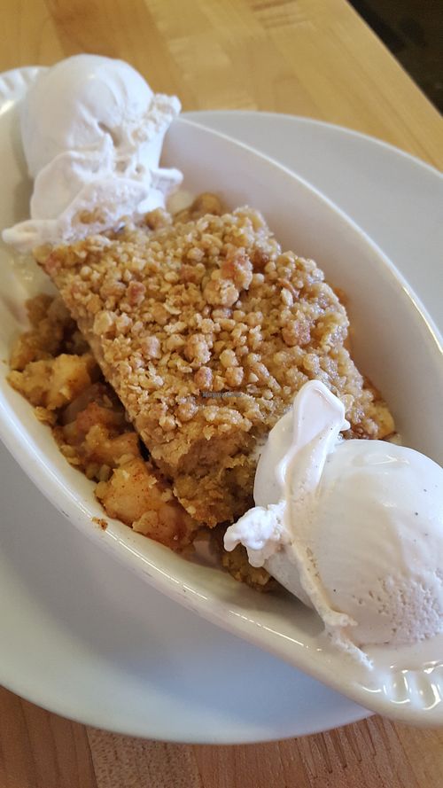 Warm pear apple crisp with coconut ice cream at Slice of Life in Sebastopol
