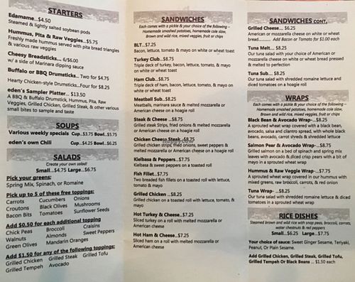 the menu  at Eden Vegan Cafe in Scranton