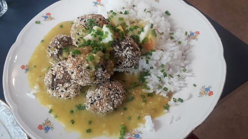 Traditional Danish dish "Boller i karry" at Cafe Sonja in Copenhagen