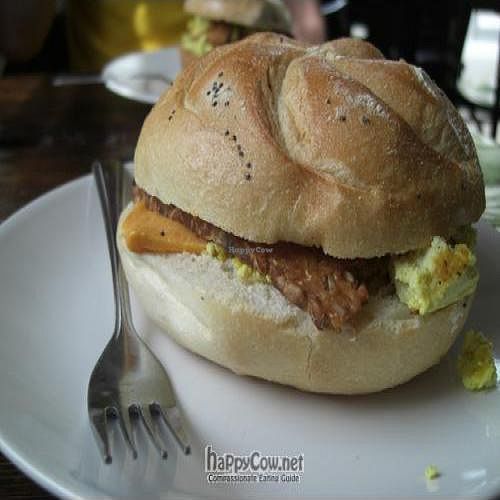 The Sag with tempeh strips and daiya cheddar at Boneshakers in Brooklyn