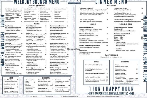 Weekday menu  at The LoKal in Central Singapore