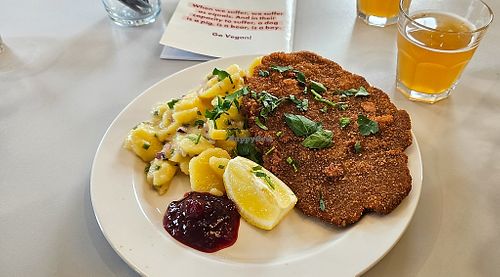 Viennese schnitzel with Viennese potato salad at Eaternia in Prague