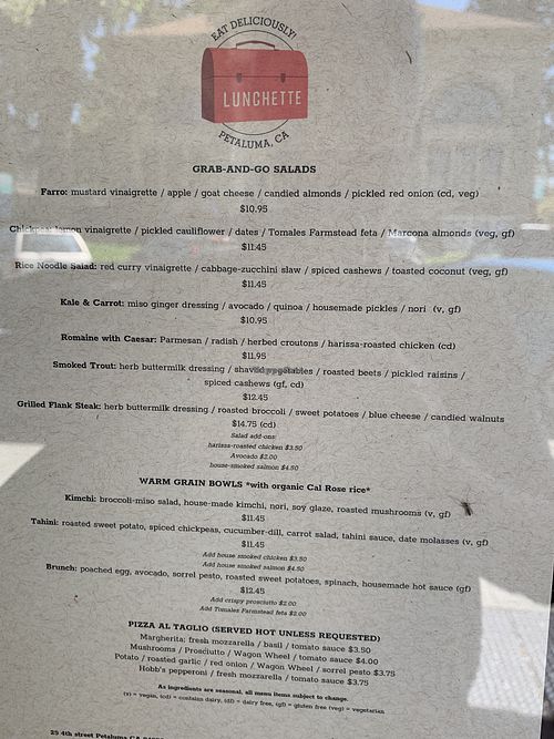 Menu on door at Lunchette in Petaluma