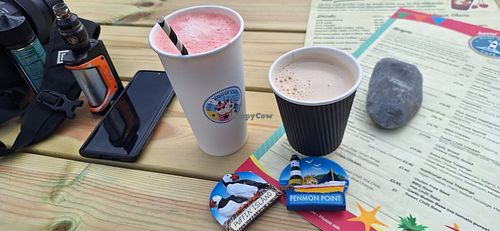 Strawberry milkshake (Soya milk and vegan ice cream) and soya latte at Pilot House in Cymru