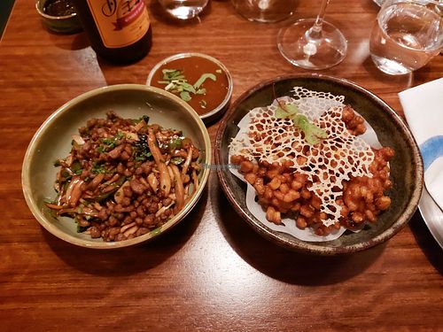 No. 45 King Oyster w/ deep-fried soy protein, no. 46 sweet corn tempura w/ crisp. at Waipo in Stockholm