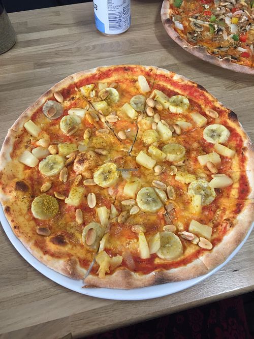 Pizza with banana, pineapple and peanuts  at Pizza Bageriet in Gothenburg