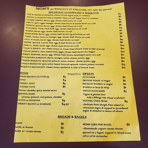 Menu at Mom's Diner in Syracuse