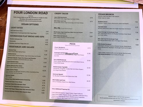 Vegan menu (by request) at Four London Road in Waterlooville