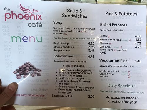 Phoenix Cafe menu, April 2019 at Phoenix Café in Findhorn