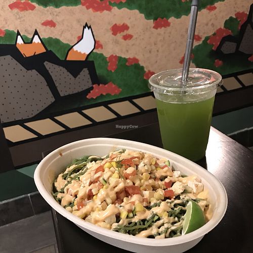A picture of the Summer Ramen and the iced green tea. (Featuring the FinalStraw.)  at REDWHITE BONELESS RAMEN - Boston in Boston