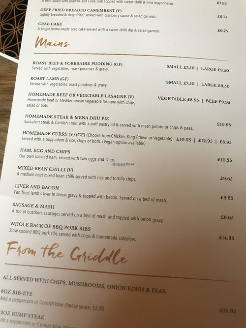 Menu at The Golden Guinea in Looe