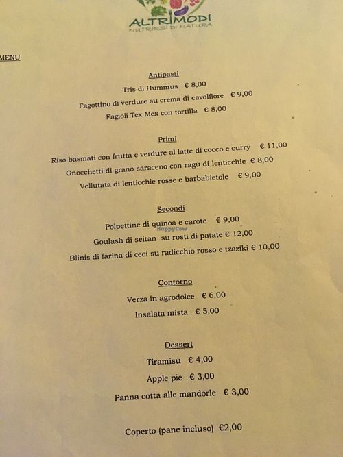 The dinner menu  at Altrimodi in Turin
