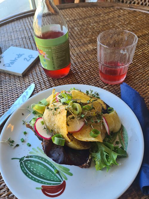 Danish "Smørebrød", ryebread with potatoes. Ordered without the lemon mayo for a vegan option. at Søster Sidevind in Samso