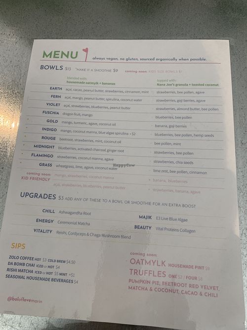Menu at BOL Superfood Cafe in Mill Valley