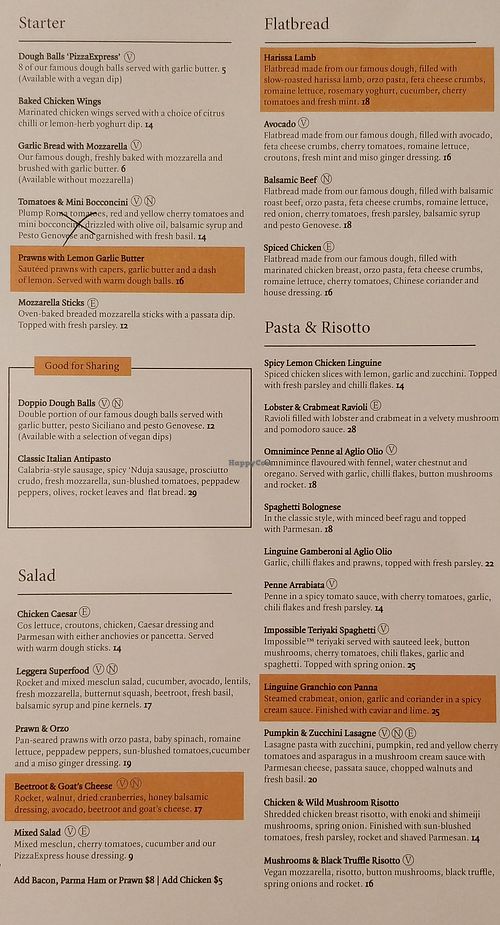 Menu for Starter, Salad, Flatbread, Pasta & Risotto at SIN - PizzaExpress - Jewel in East Singapore