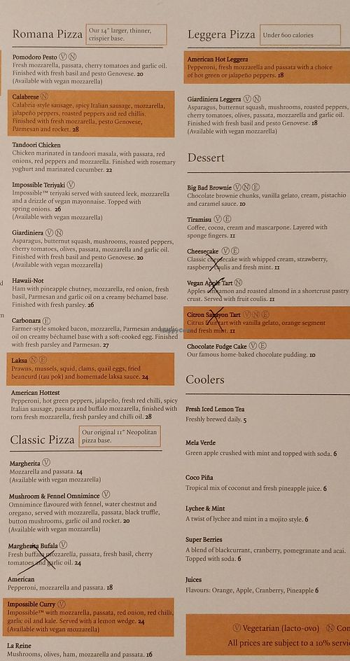 Menu for Romana Pizza, Classic Pizza, Leggera  Pizza, Dessert and Coolers at SIN - PizzaExpress - Jewel in East Singapore
