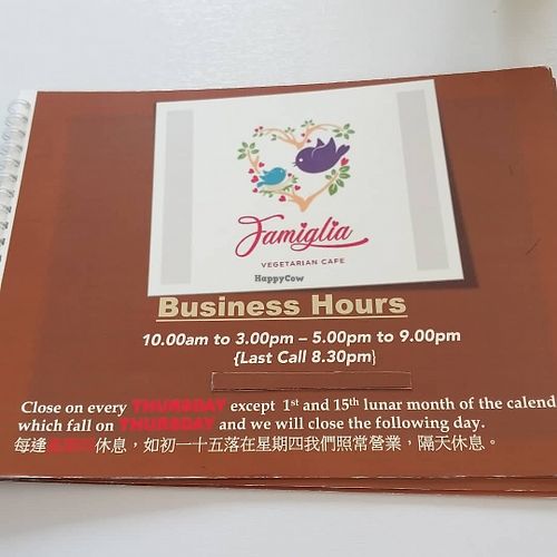 Menu at Famiglia Vegetarian Cafe in Penang