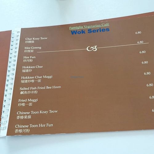 Menu at Famiglia Vegetarian Cafe in Penang