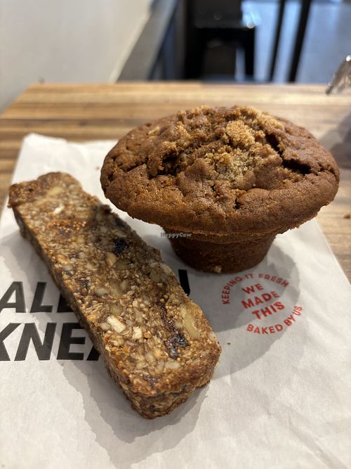 Vegan bar and apple cinnamon muffin  at Gregory's Coffee - 40th St in New York City