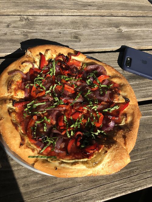 Sweet peppers, basil and onions= MAGIC MISSLE at Secret Pizza Society in Portland