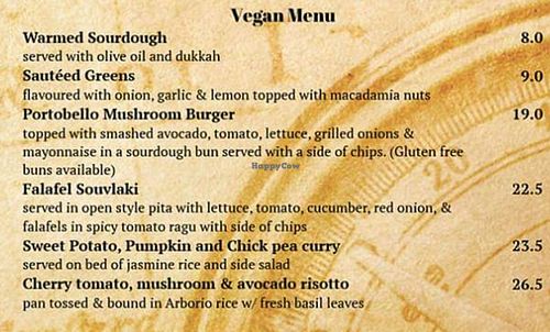 Vegan menu  at The Burvale Hotel in Vermont South