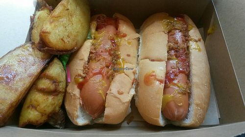 Vegan hotdog and chunky chips at Sea Change  in South Shields