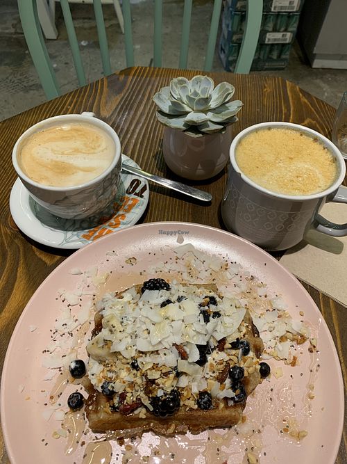detox waffle, golden latte & oat cappuccino  at Wholywood in Paris