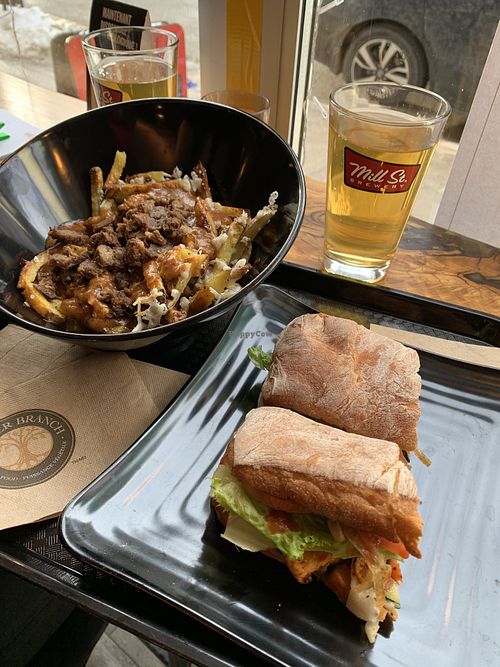 Vegan poutine and bbq tempeh sandwich at Copper Branch - Catherine E in Montreal