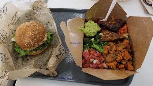 Vegan crab cake burger and Aristotle power bowl at Copper Branch - Yonge Sheppard Centre in Toronto