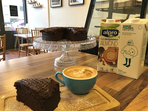 Vegan and gluten-free chocolate fudge cake  at Indigo Cafe in Portrush