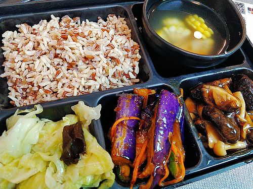 Bento set with cabbage, brinjal and mushroom + corn soup at Greendot - Orchard in Central Singapore