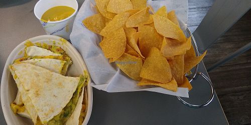 V-Pulled Pork Quesadilla and Small Chips and Queso at Plant Bāz in Richmond