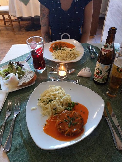Veggie patty with carrot sauce and pasta at Holzschuh's Schwarzwaldhotel in Baiersbronn