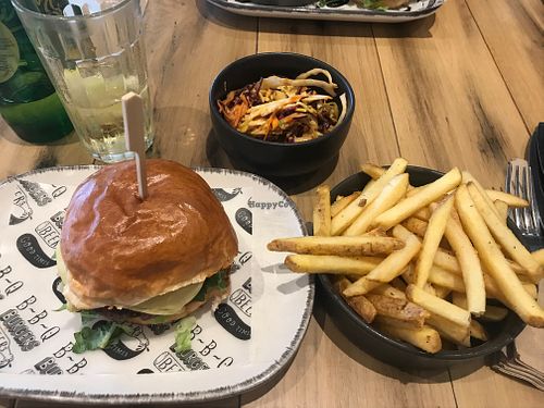 All Star Plant Burgers, fries and coleslaw at Hubbox in Taunton