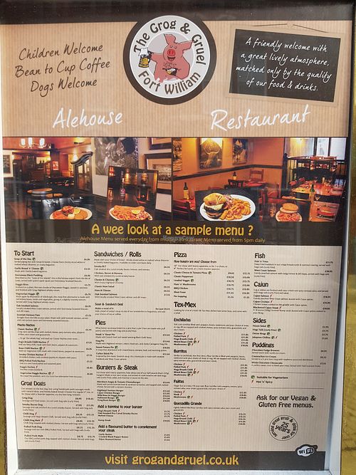 The menu at The Grog & Gruel in Fort William