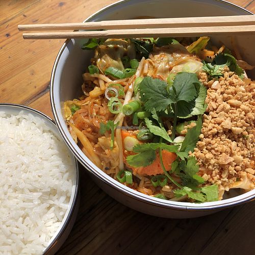 I take my own containers for take out. My favorite to go item is 4-star spicy vegetarian Pad Thai (37) and a side of rice.  at Thai Basil in Berkeley