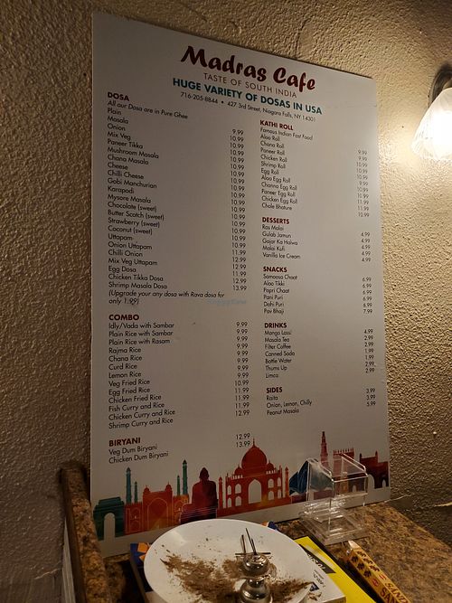 The menu at the Madras Cafe restaurant  at Godavari in Niagara Falls