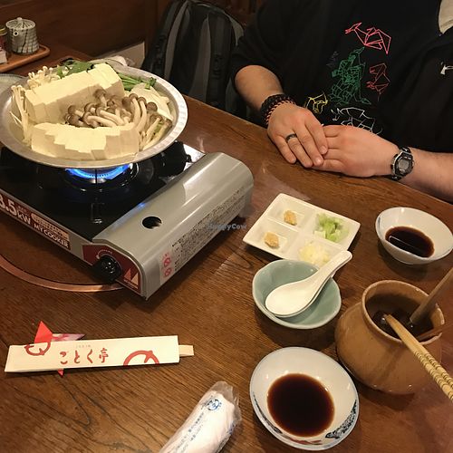The hot pot with the ginger, wasabi and dipping sauce (we added that sauce to the hot pot) at Gotoku-tei in Nagano