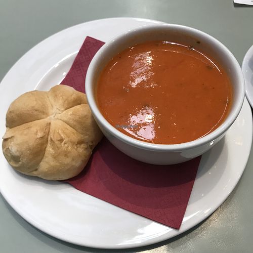 Vegan tomato and basil soup at Eden Court in Inverness