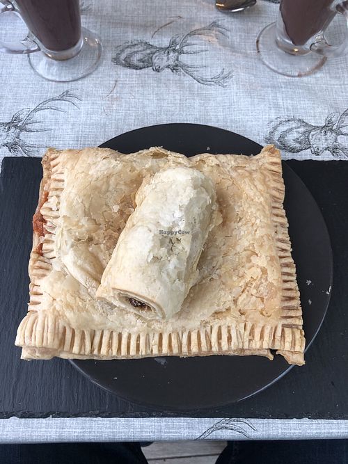 Vegan sausage roll on top of sausage, beans and cheese pasty at The Roundhouse Cafe in Wolverhampton