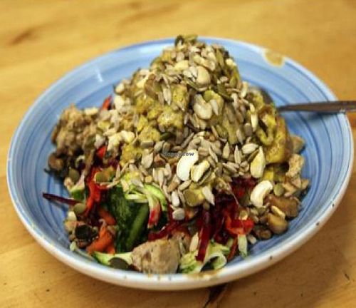 Tossed salad enriched with stir fried tofu, raw nuts, and seeds at Oh Happy Days Vegan Cafe in Altadena