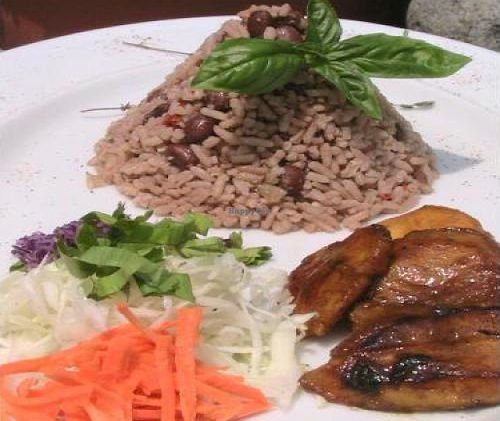 Caribbean Rice 'n Beans with plantains and cabbage salad at Oasis Restaurant and Bar in Escazu