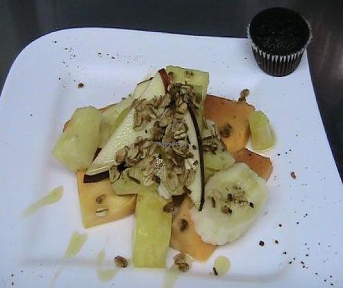 Fruit Salad and Vegan Choco Minimuffin at Oasis Restaurant and Bar in Escazu