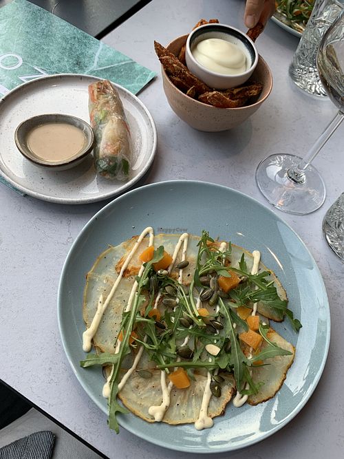 Celeriac carpaccio and spring roll and sweet potatoe fries  at Rozey in Rotterdam