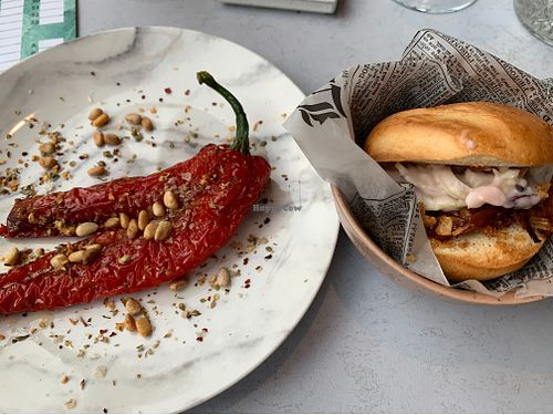 Jackfruit burger and roasted pepper  at Rozey in Rotterdam