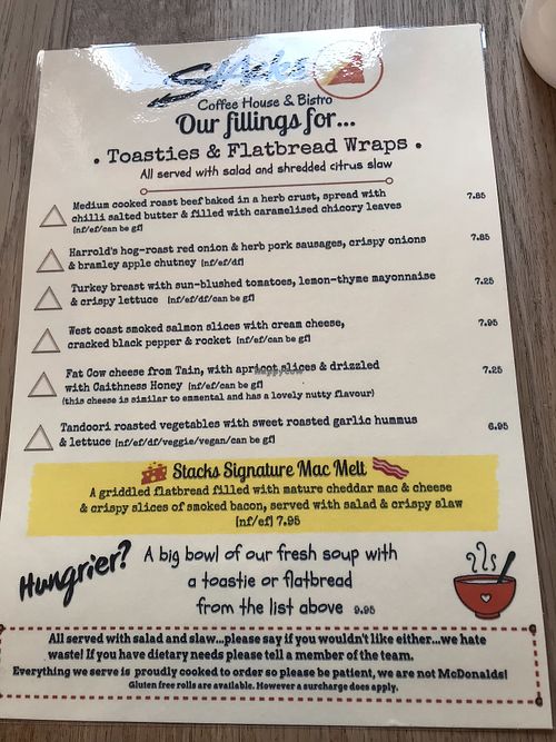 Food menu April 2019 at Stacks Coffee House and Bistro in Wick